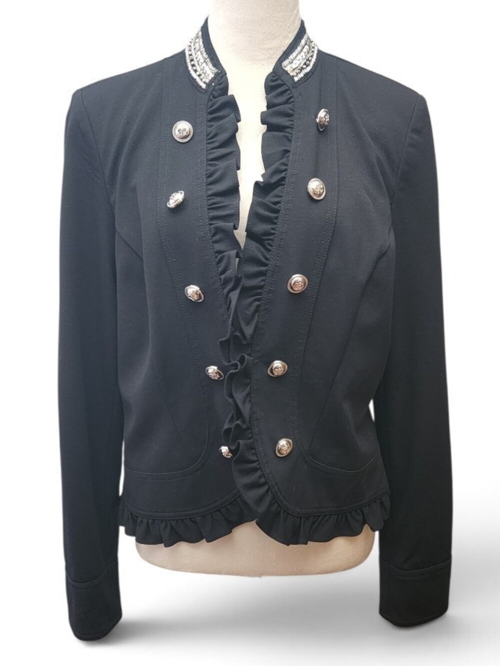 INC International Concepts Black Ruffle Trim Military Style Double Breasted Sz L